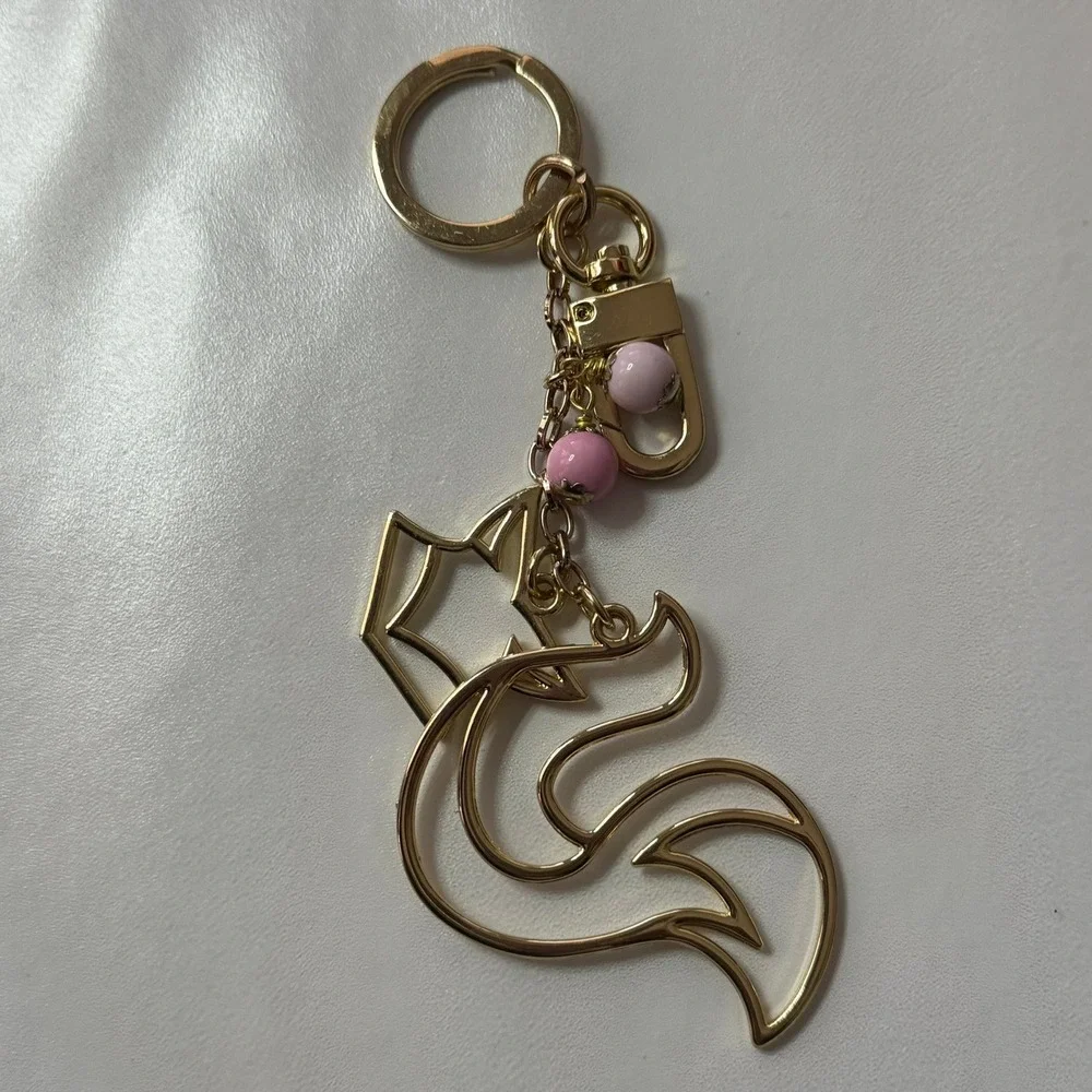 Gold Tone Fox Charm Keychain with Pink Beads‎ and Clip Key Ring Womens